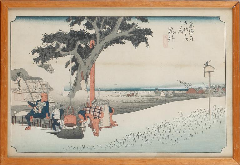 HIROSHIGE, efter, 3 st, träsnitt, Japan, 1800-tal.