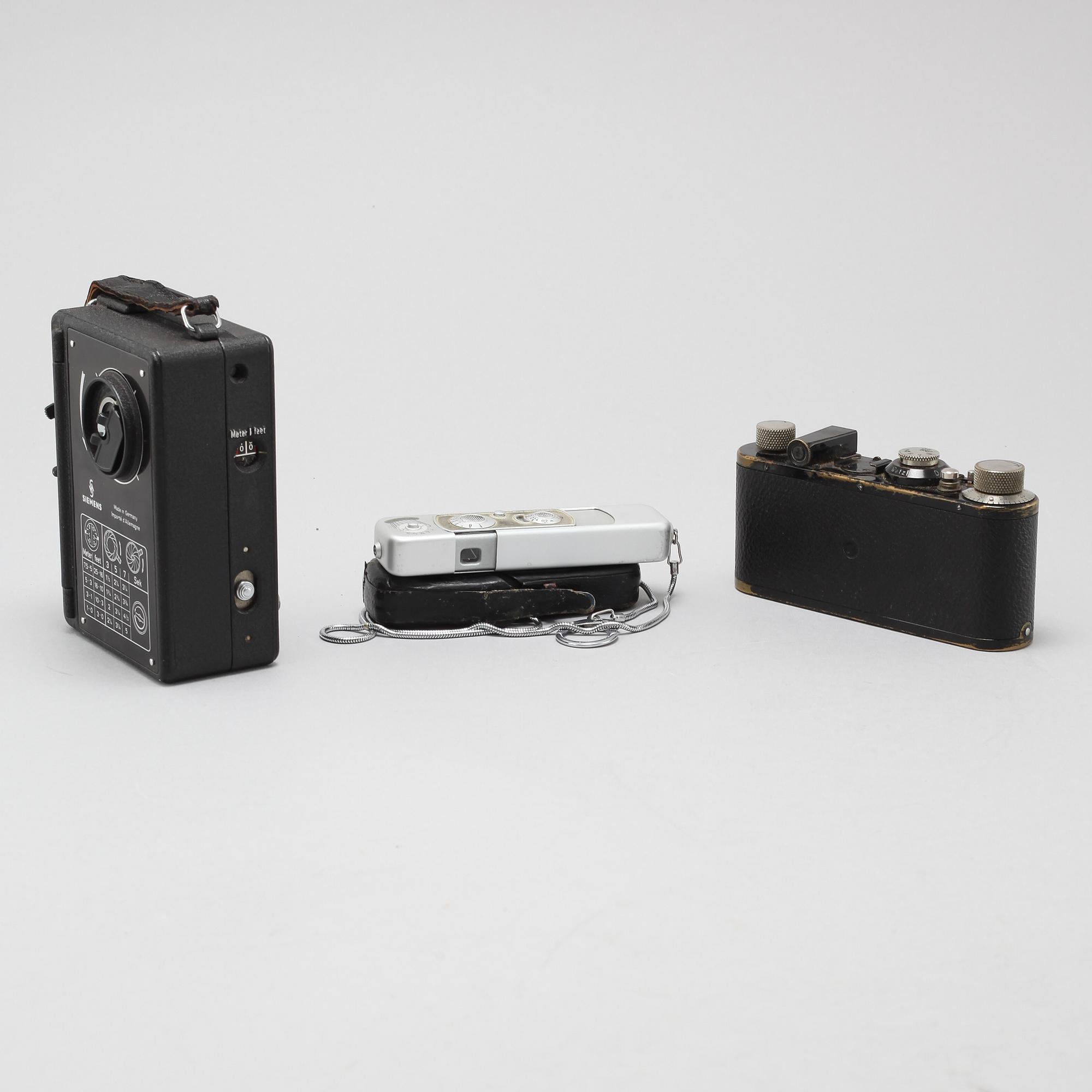 Three cameras, partly Leica I camera, model A, Elmar, 1930s.