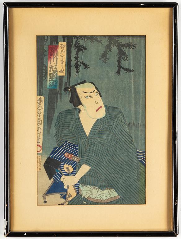 UTAGAWA KUNISADA (TOYOKUNI III, 1786–1864) and TOYOHARA KUNICHIKA (1835–1900), three coloured woodblock prints, Japan.