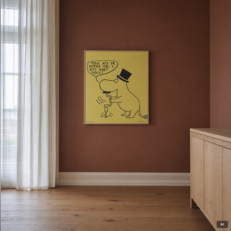 Moomin, offsetposter, "Tänk att få borra hål i sitt eget golv!".