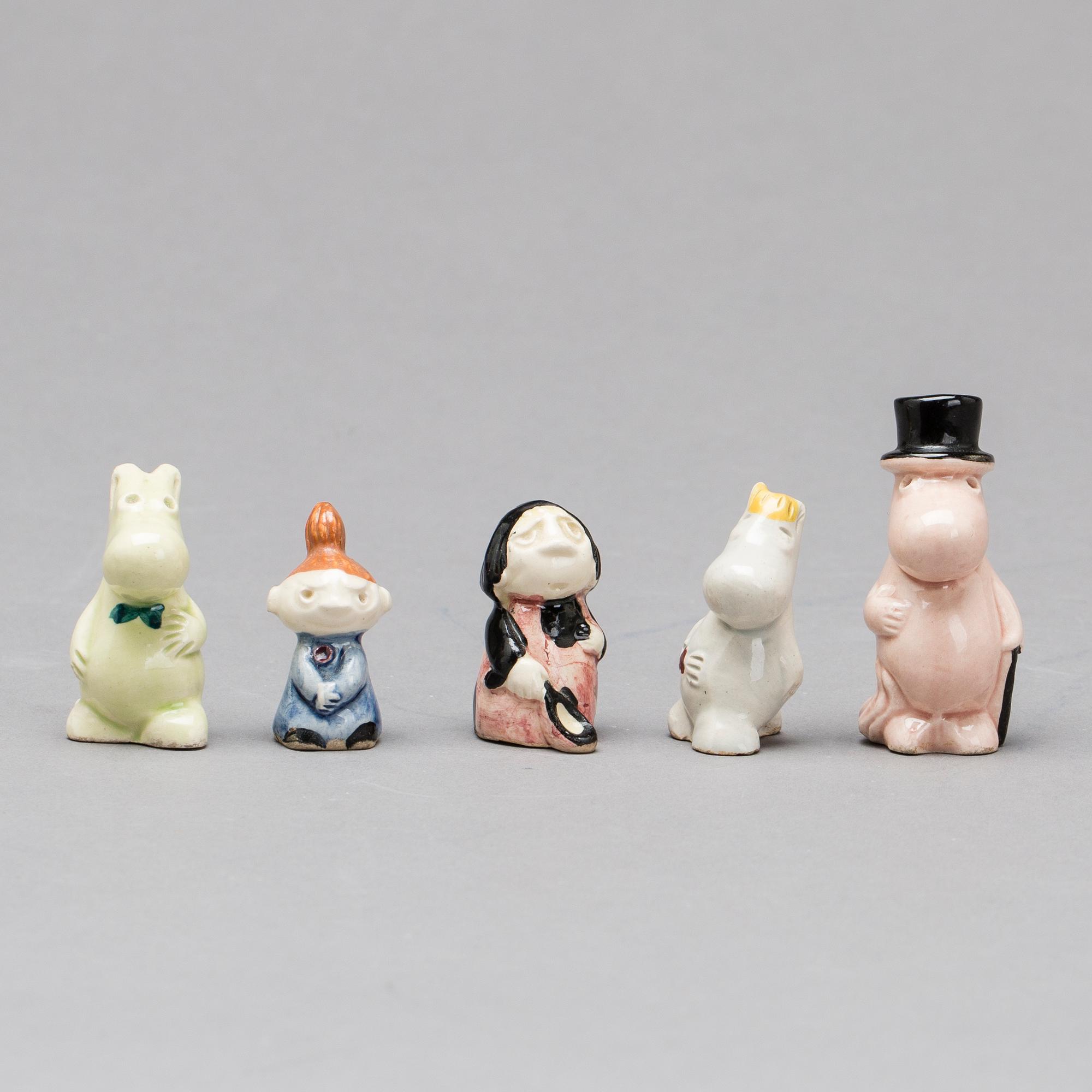 MINI FIGURINER, 5 st, MUMIN, keramik, Signe Hammarsten-Jansson samt Bo Fajans. 1950-tal.