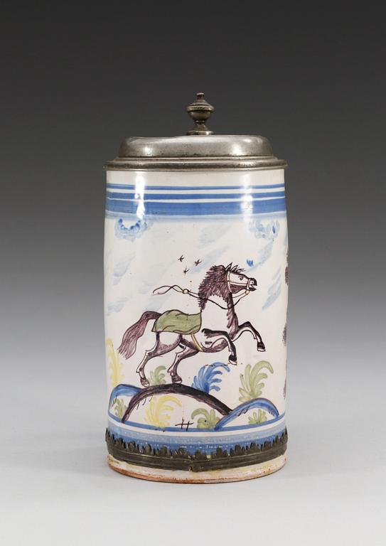 A pewter mounted faience tankard, 1780's, presumably Bayreuth.