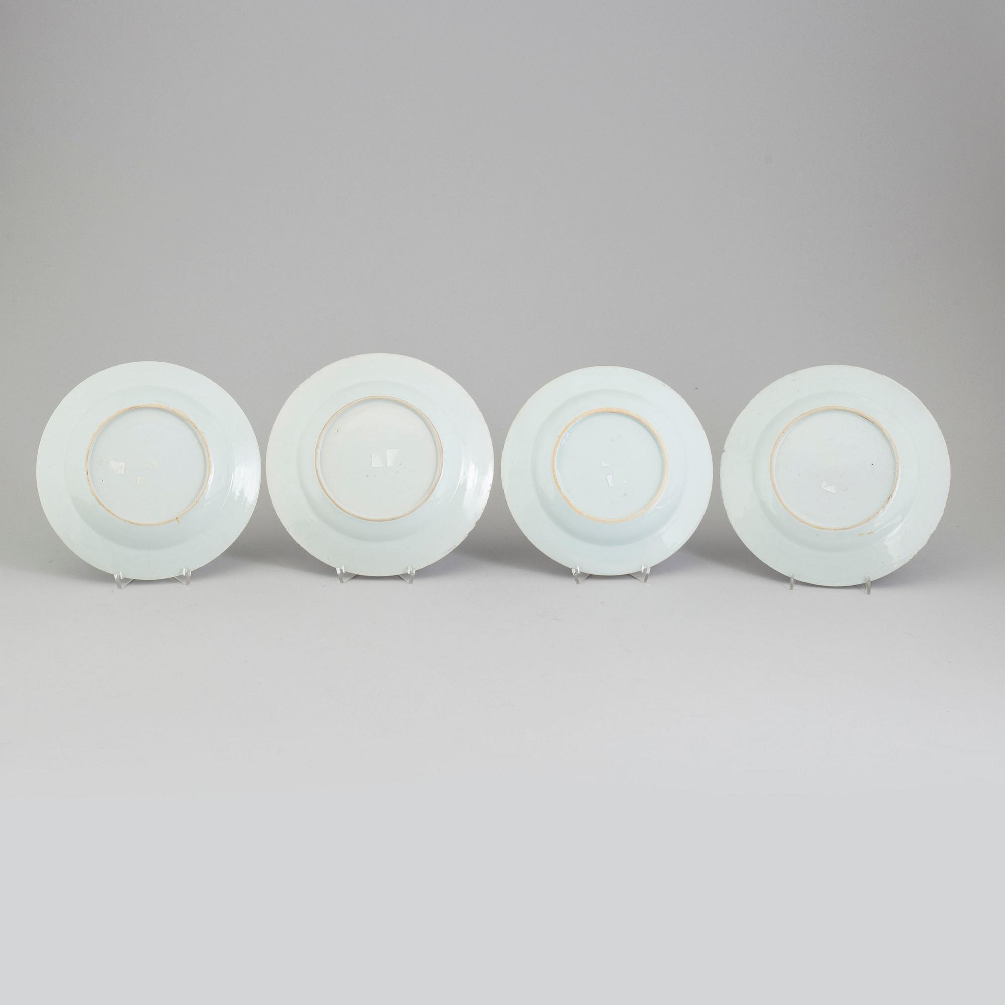 Four blue and white export porcelain plates, Qing dynasty, Qianlong (1736-95).