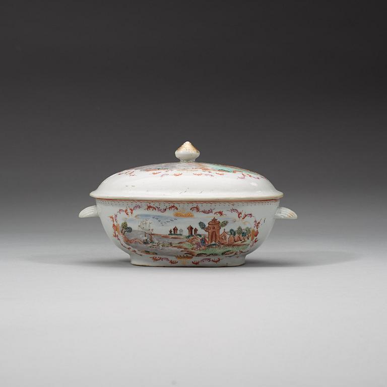 A famille rose 'European Subject' tureen with cover and stand, Qing dynasty, Qianlong (1736-95).