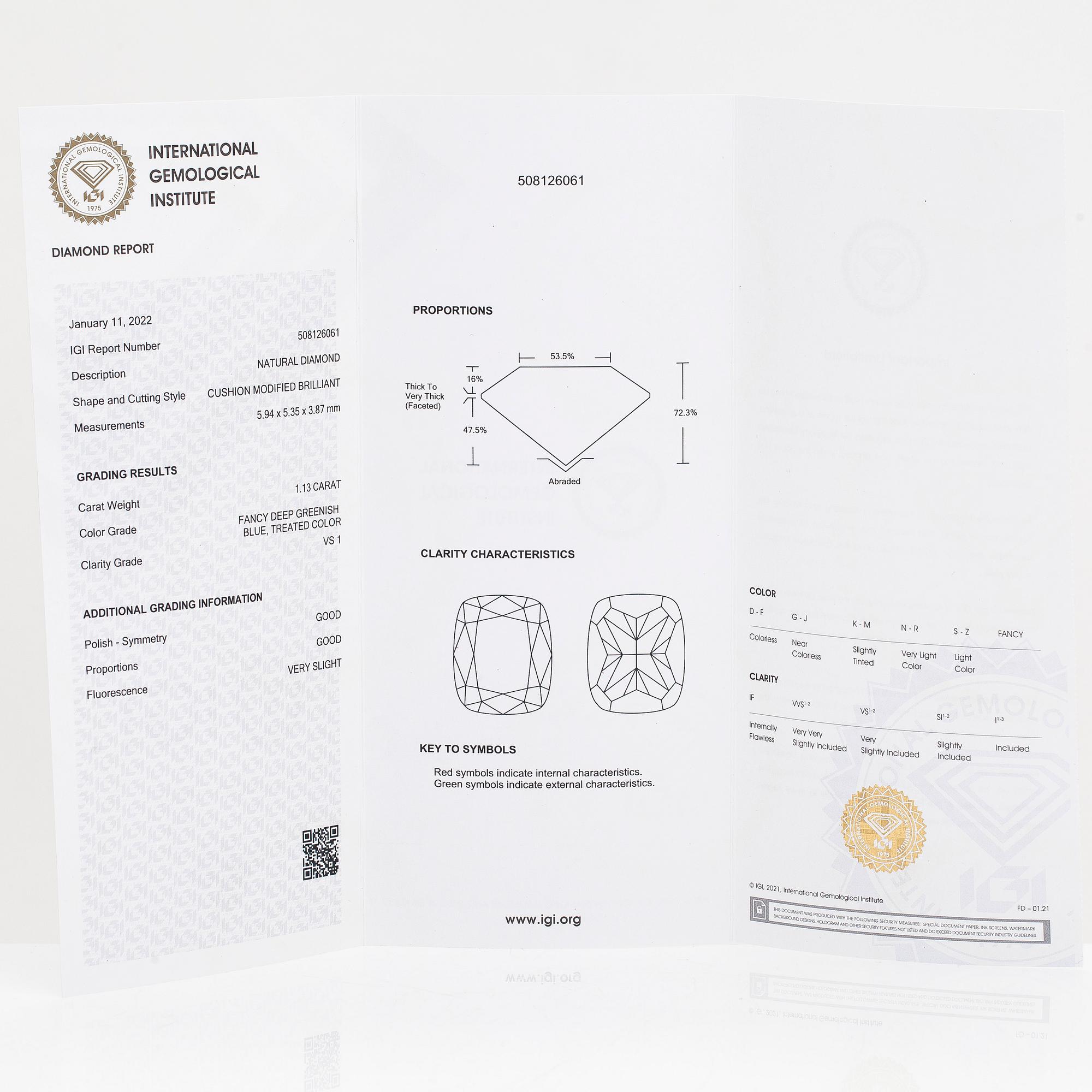 Ring, 14K guld, med en kuddslipad modifierad diamant ca 1.13 ct. Med IGI certifikat.