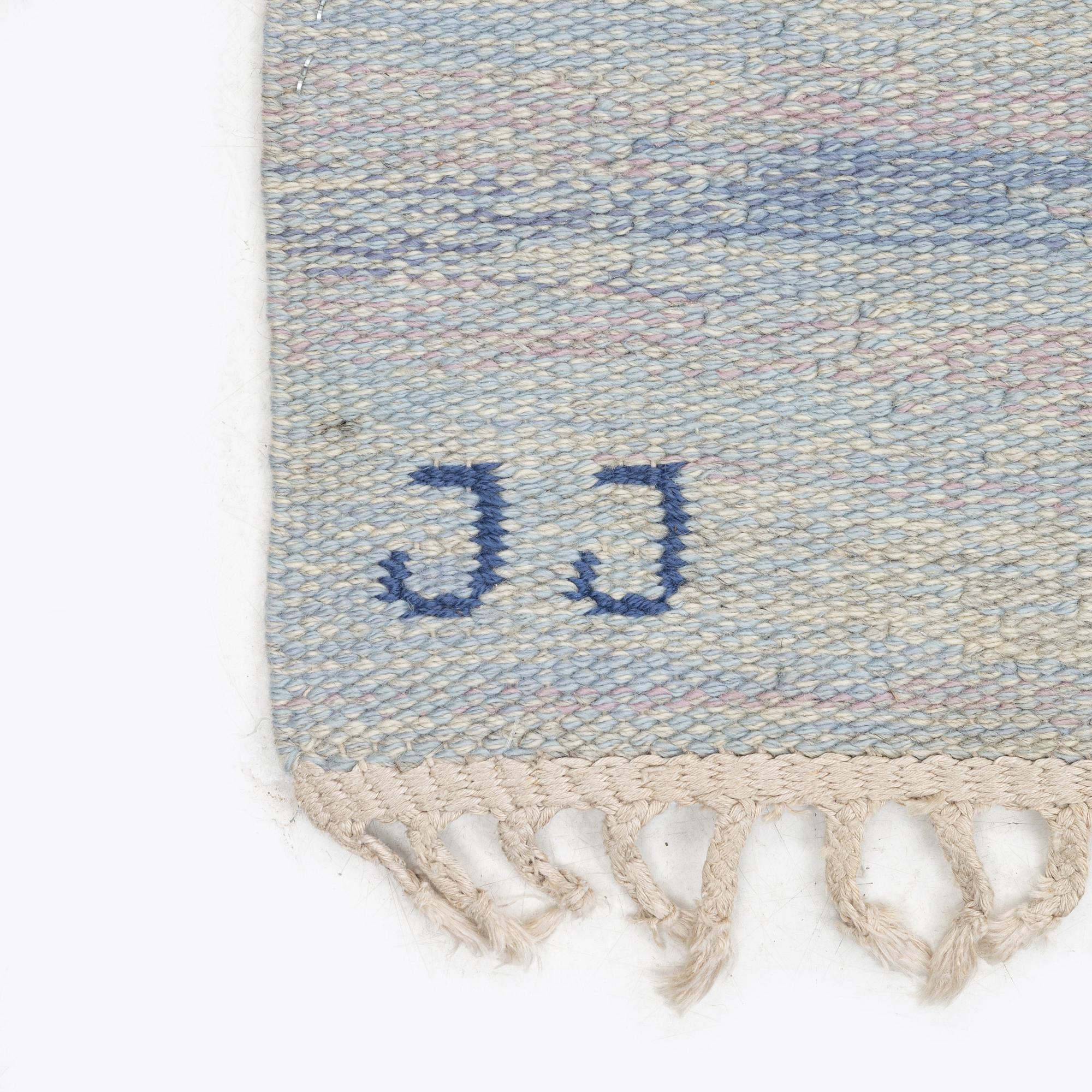 Judith Johansson, a carpet, 'Myosotis' ('Forget-me-not'), flat weave, c. 278 x 205 cm, signed JJ.