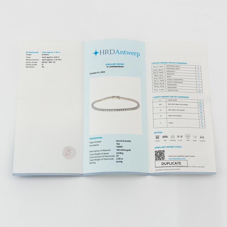 Tennis bracelet, 18K white gold set with brilliant-cut diamonds, accompanied by HRD report.