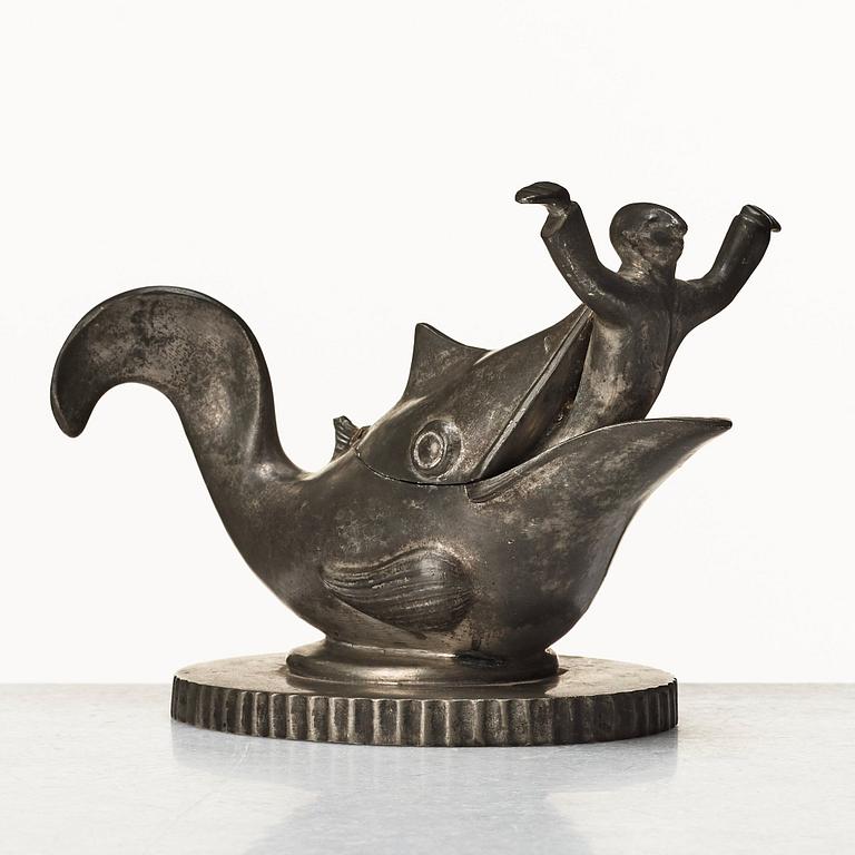 Carl Milles, a pair of pewter candlesticks and inkwell, Herman Bergman, 1930, the model exhibited at the Stockholm Exhibition.