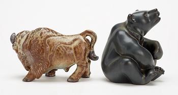 Two Gunnar Nylund stoneware figures, a bear and a bison, Rörstrand.