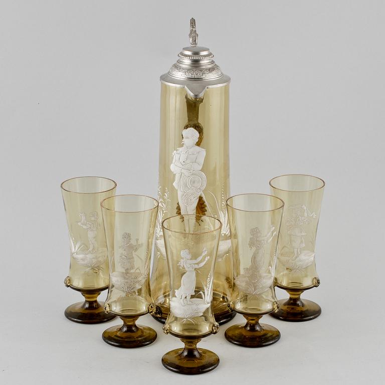 KARAFF samt GLAS, 5 st, glas, nyrenässans, sent 1800-tal.