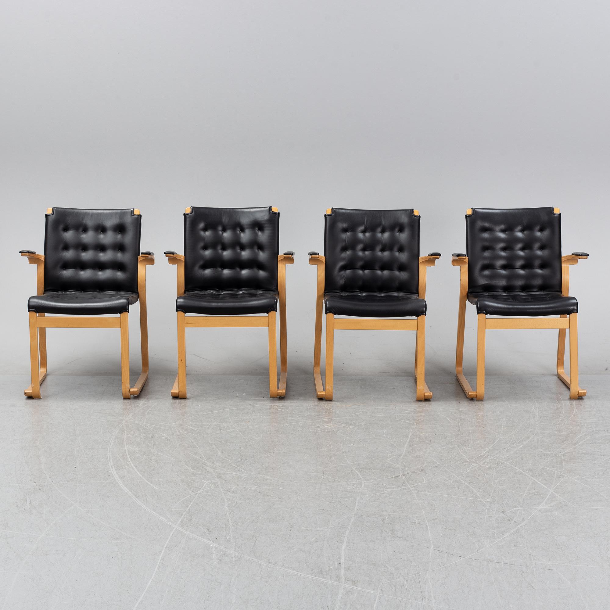Bruno Mathsson, a set of four arm chairs, "Minette"/"Mi 423". Mathsson International AB, 1970s.