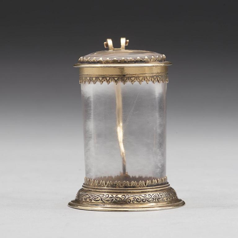 Miniatyrdryckeskanna, ostämplad, förgyllt silver och bergkristall, Tyskland 1600-talets förra hälft, barock.