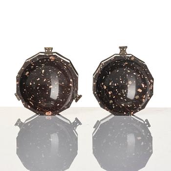 A pair of 'Lika-Risberg' porphyry Empire salts, Älvdalen, Sweden, early 19th century.