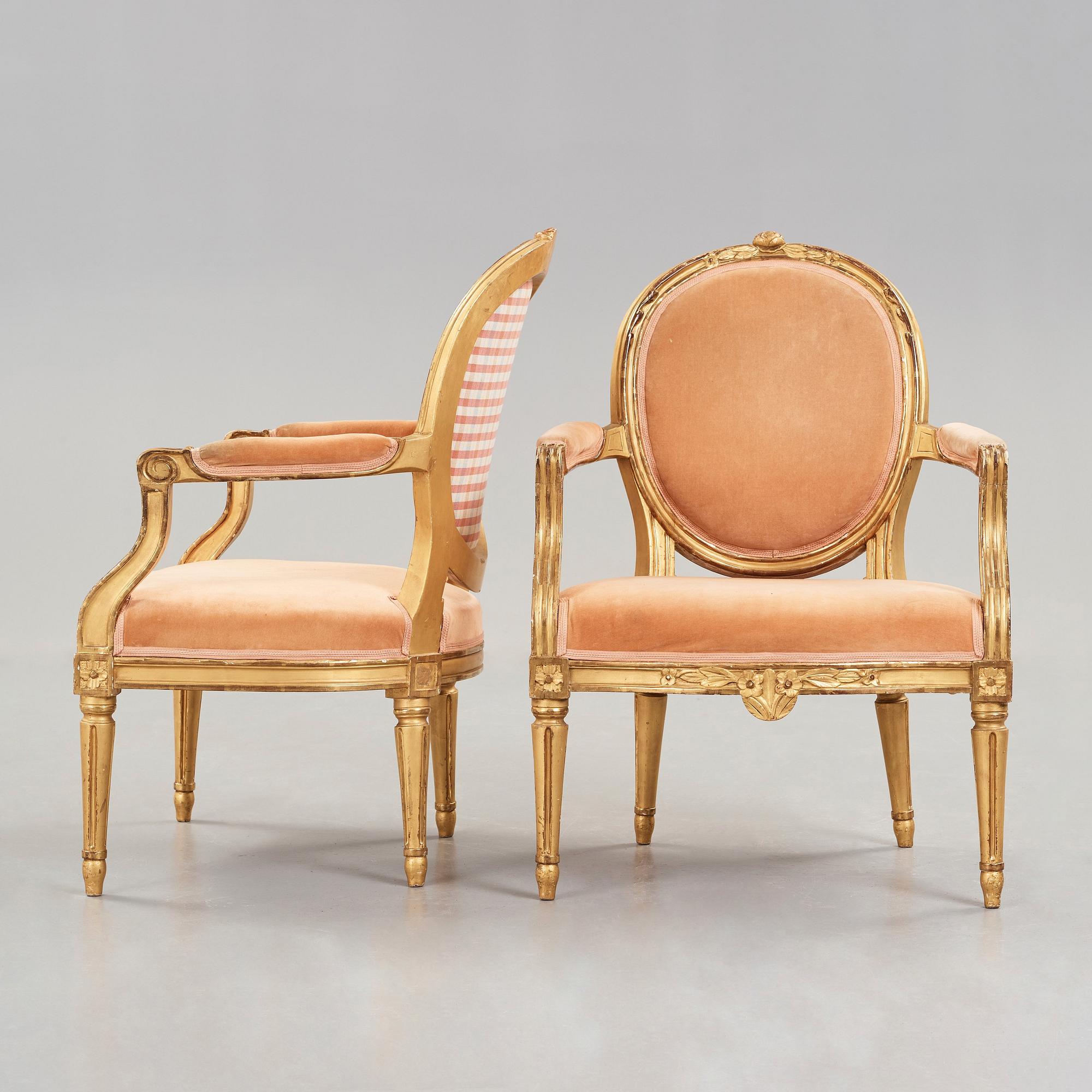 A pair of Gustavian armchairs by Johan Öhrmark (master in Stockholm 1761-1780's).