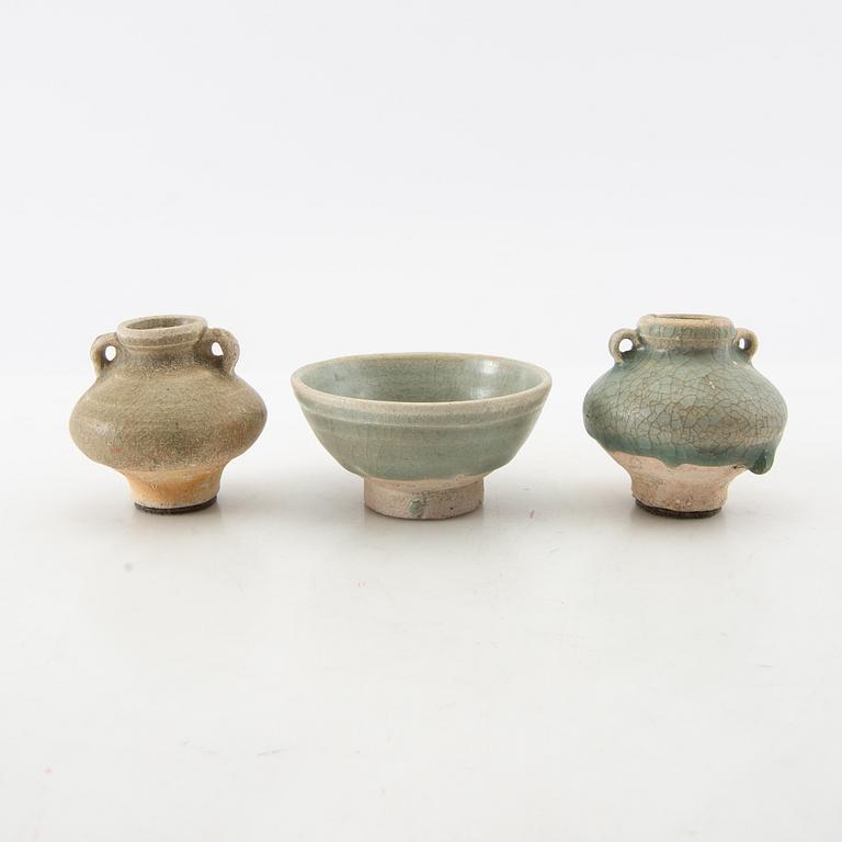 A group of three celadon glazed vessels, Sawankhalok, Thailand, 15th/16th century.