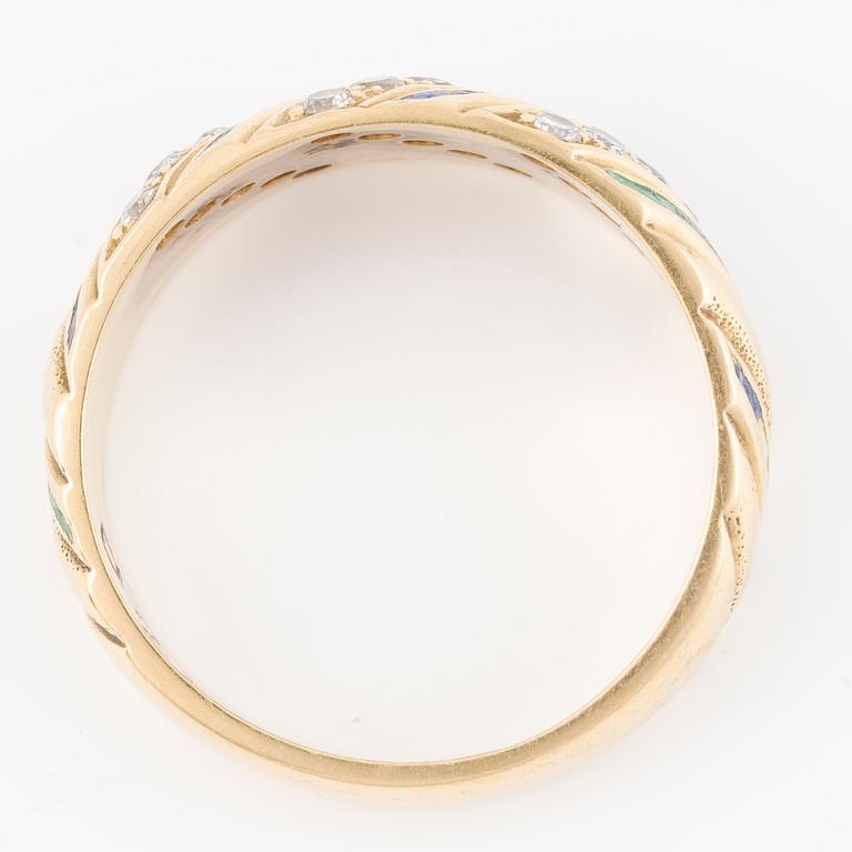 Ring, 18K guld med grön och blå emalj och briljantslipade diamanter.