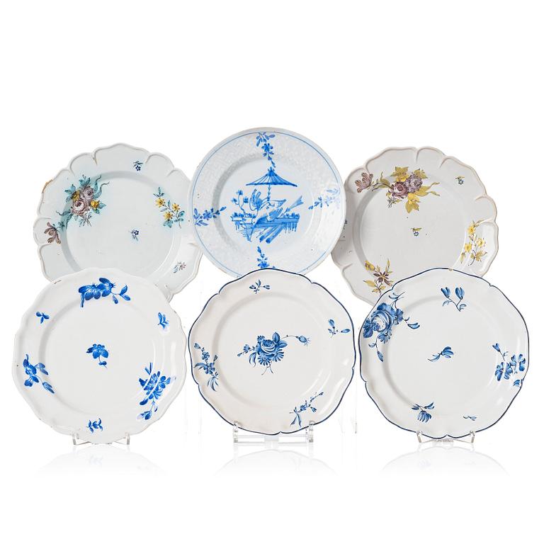 A group of six Swedish faience dishes, 18th Century.