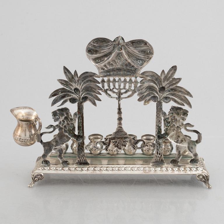 Hanukkah menorah, low-grade silver, Hazorfim Ltd, Israel, 20th Century. Judaica.
