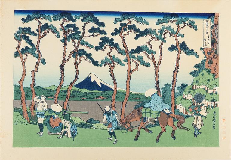 Katsushika Hokusai, after, a set of six woodblock prints in colours, later part of the 20th Century.