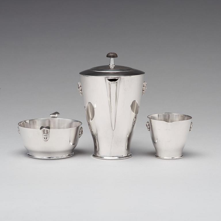 Wolter Gahn, kaffeservis, tre delar, nysilver, Swedish Grace, Karl Wojtech, Stockholm 1920-tal.