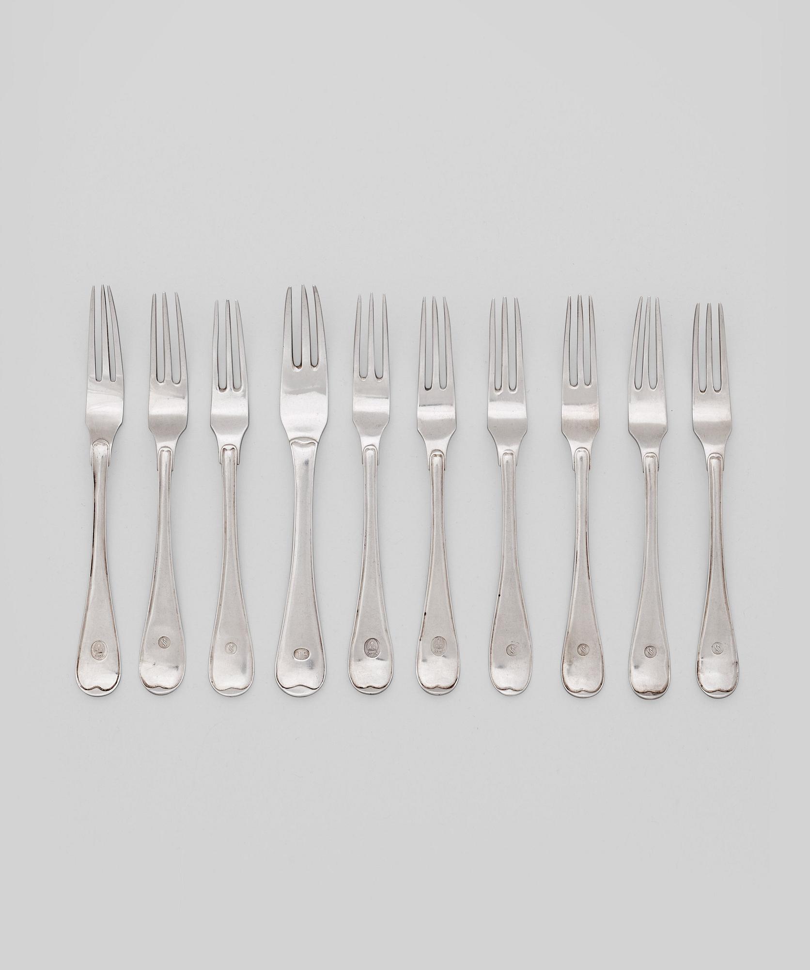 A set of 10 Swedish 18th century silver dessert-forks, marks of Lars Boye, Stockholm 1780 and.