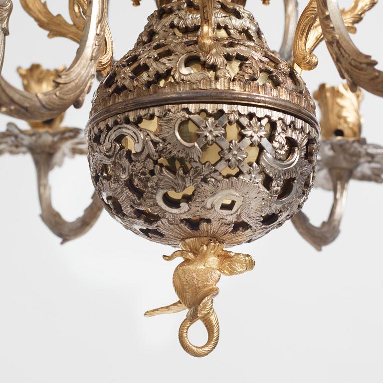 Carl Edberg's Masterpiece, a Swedish rococo silvered and gilt-brass six-light chandelier, circa 1755.