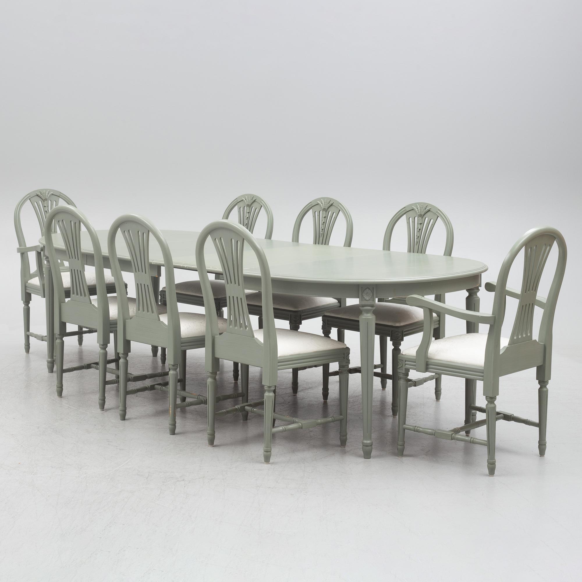 Dining table, with 2 armchairs and 6 chairs, Gustavian style, late 20th century.