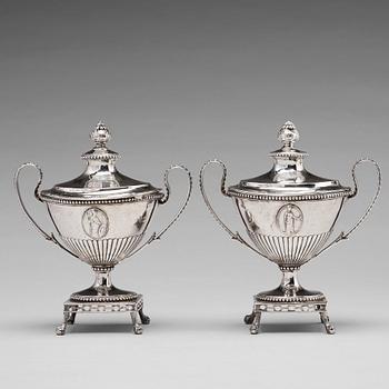 187. A pair of Swedish 18th century silver sugar-bowls and covers, mark of Johan Ekholm, Stockholm 1792.