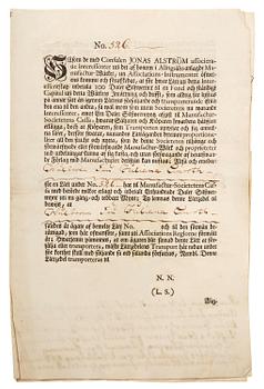 217. A Swedish share certificate, Ahlingsåhs Manufaktur Werk, No 526, 1728.