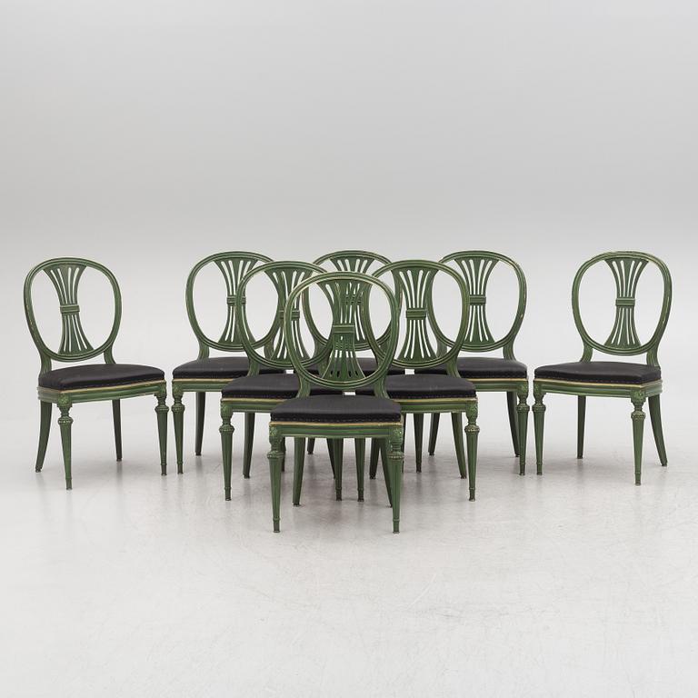 A Gustavian dining table with 8 chairs, Åmells, second half of the 20th century.