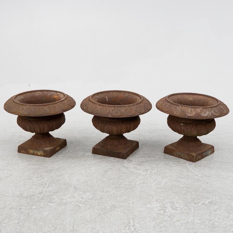 Garden urns, 3 pcs, cast iron, late 20th century.