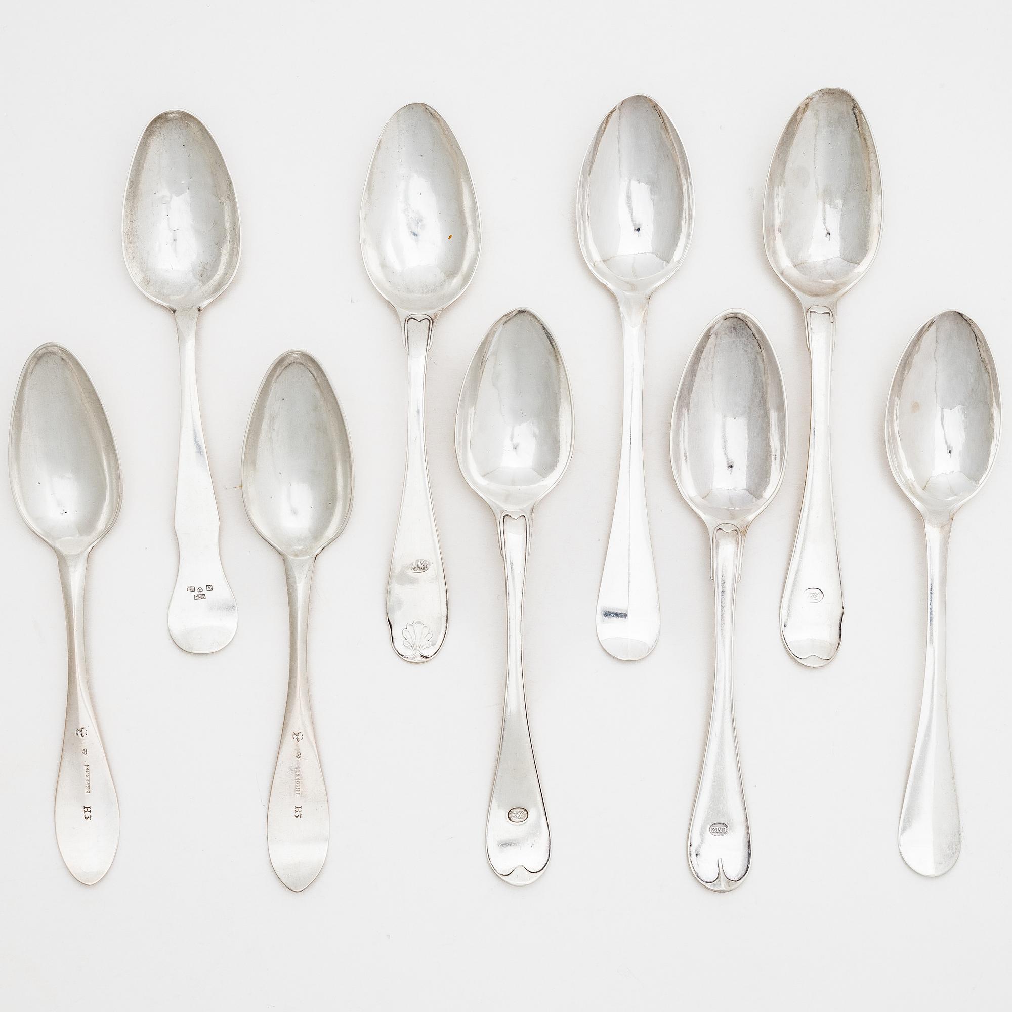 Nine Swedish silver spoons, early 19th century.