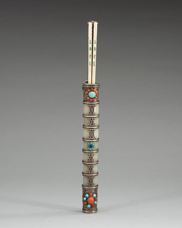 A silvered pewter case with a knife and ivory chopsticks, late Qing dynasty.