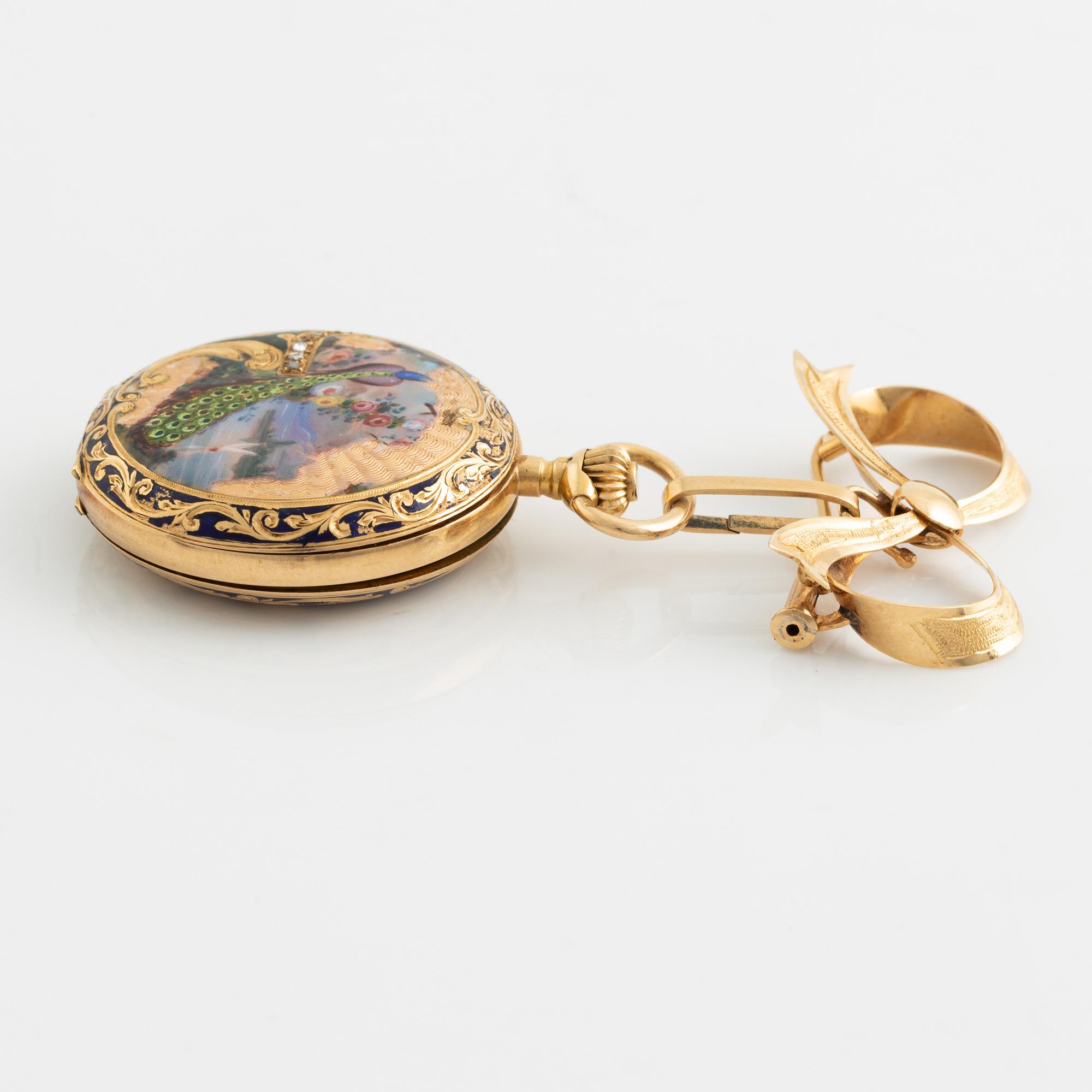 Pocket watch, 18K gold enamel, 29,5 mm.