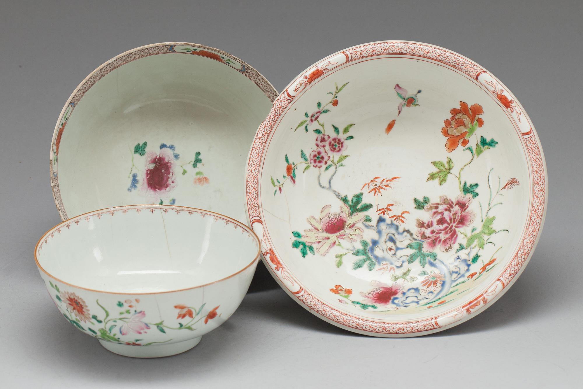 SKÅLAR, 3 st, porslin, Kina, Famillerose, 1700-tal.