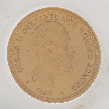 A gold coin, 20 swedish kronor, 1898, weight c 9 g.