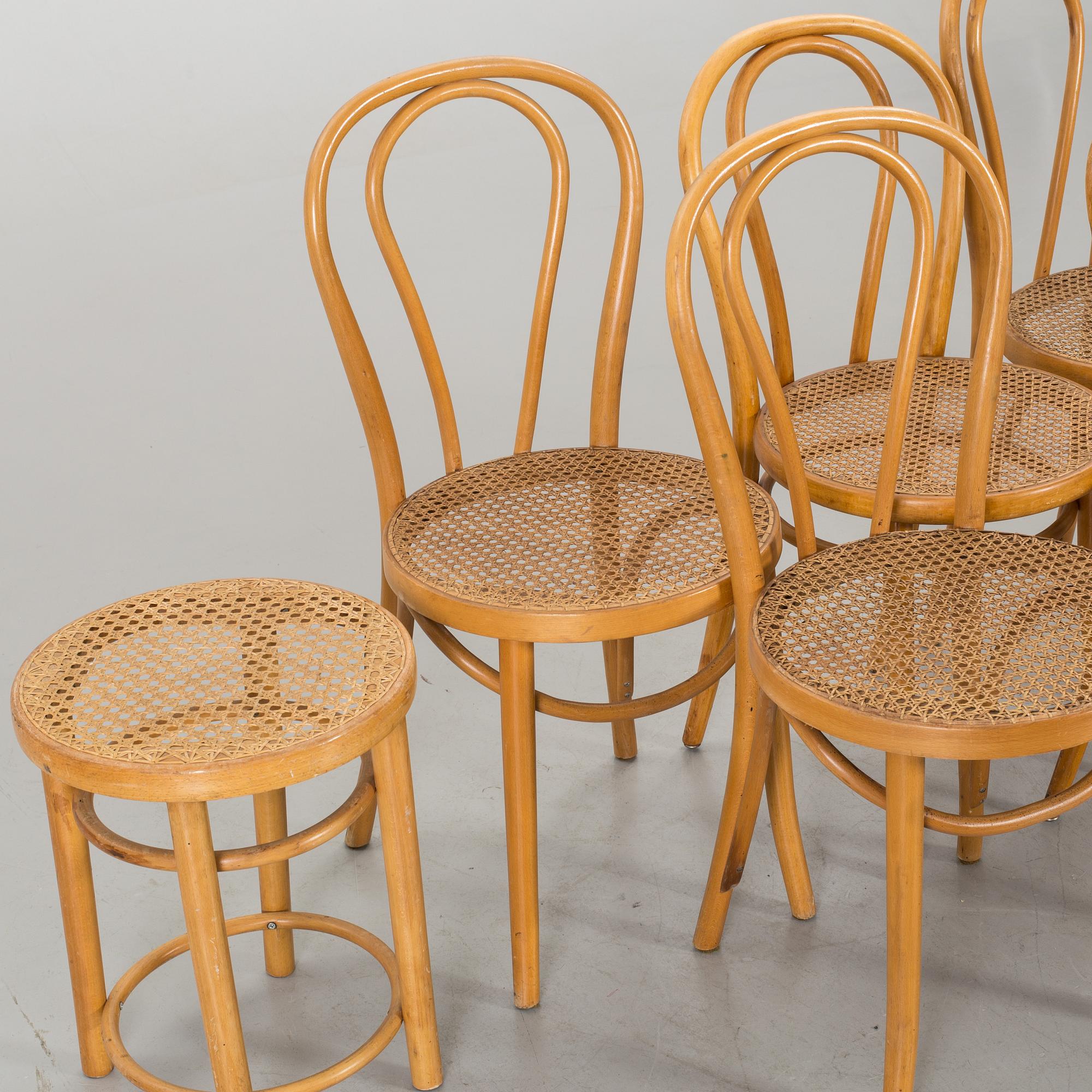 A SET OF 5 THONET STYLE CHAIRS AND 2 STOOLS, end of 20th century.