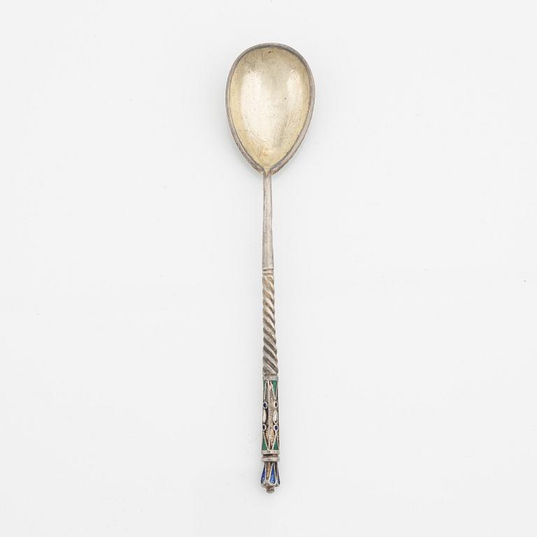 A Russian silver and enamel spoon, Moscow 1908-26.