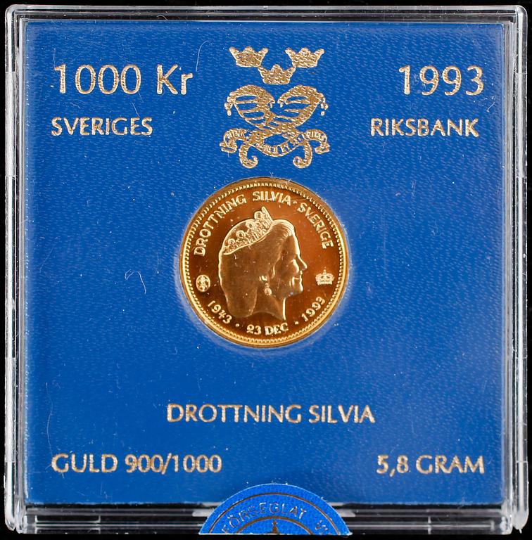 GULDMYNT, Drottning Silvia, 1000 kronor, 1993. Vikt 5,8 gram.