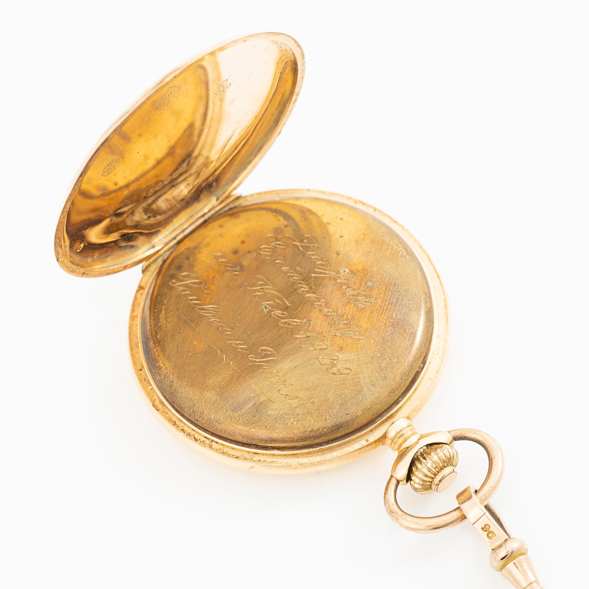 Pocket watch, 14K gold, hunter case, 49.5 mm, with chain.