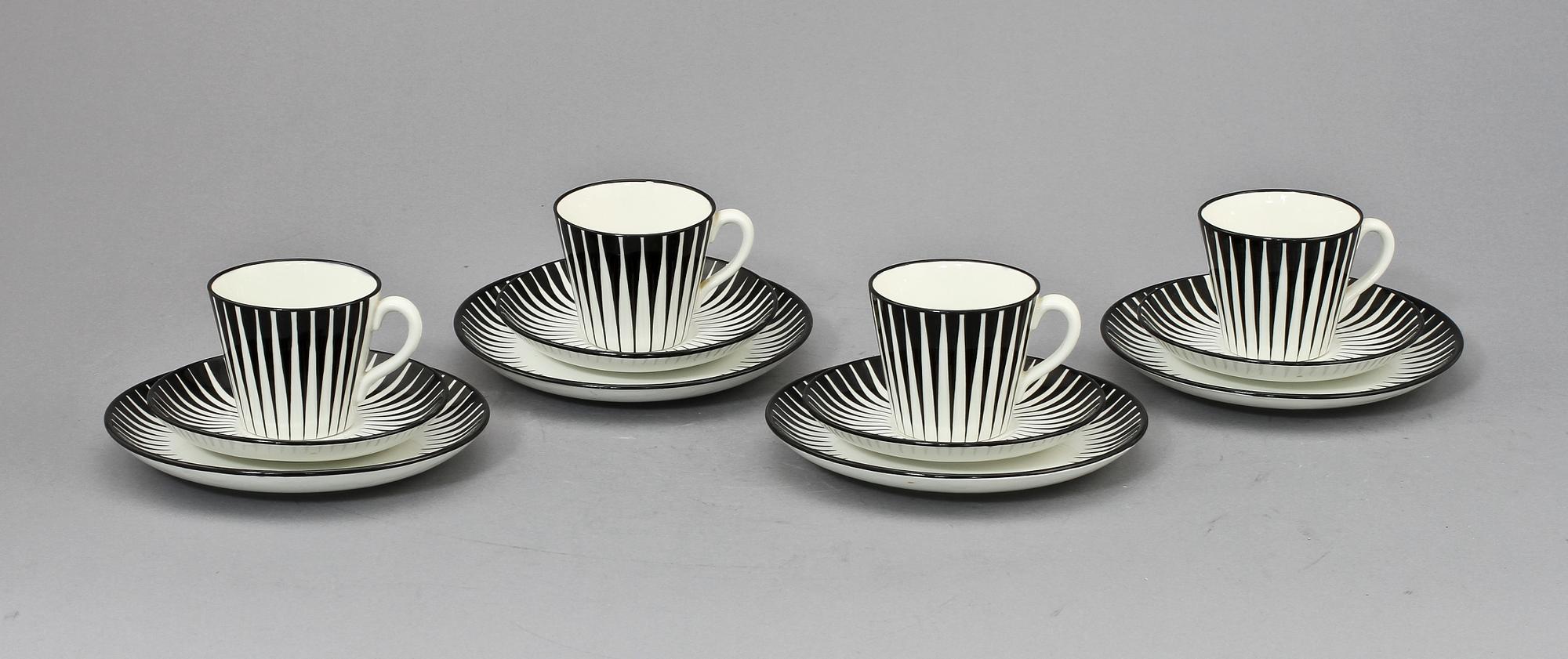 KAFFEKOPPAR, 4 st samt ASSIETTER, 4 st, flintgods, "Zebra", Eugene Trost, Upsala-Ekeby Gefle, 1955-1967.