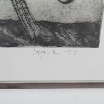 IGGE KARLSSON, 2 st, etsningar, signerade och numrerad 3/35 samt 4/5, daterade -74.
