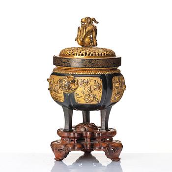 A gilt copper alloy censer with pierced cover, late Ming dynasty / early Qing dynasty.