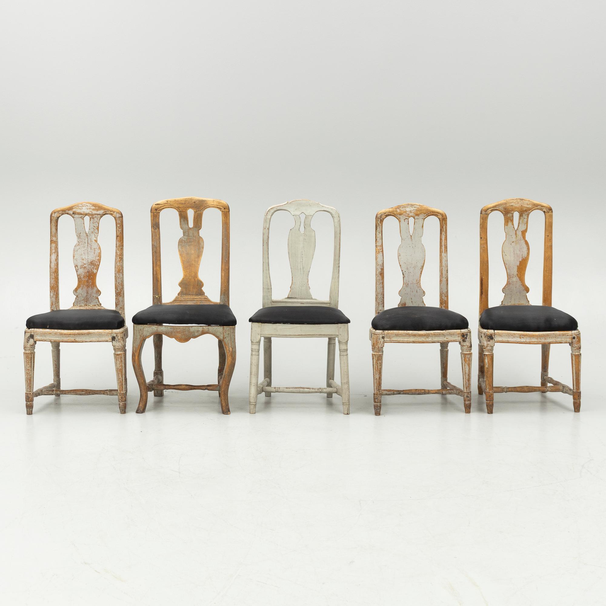 A set of five similar chairs, late 18th century.