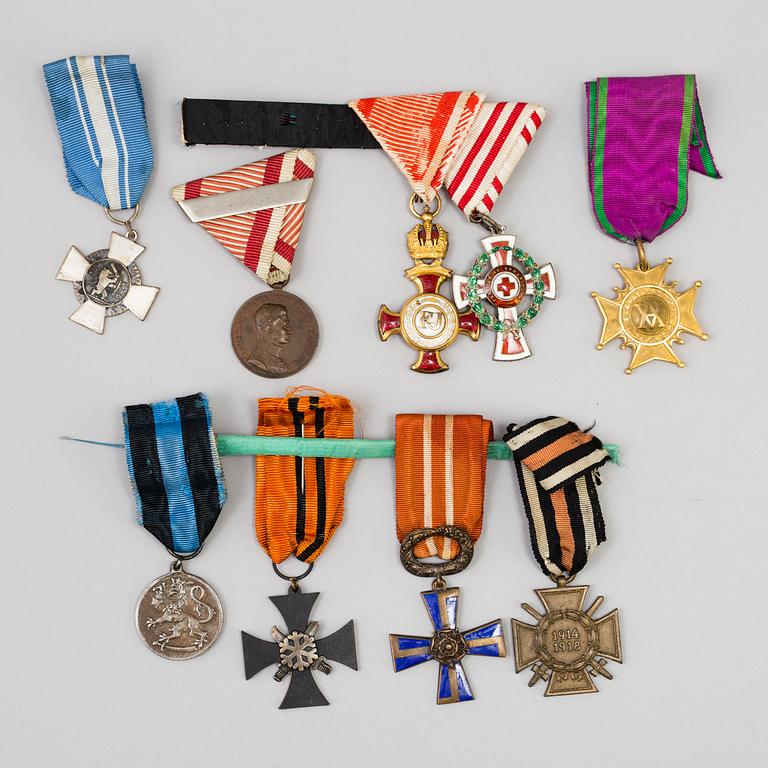Nine medals including the Freedom Cross from the Finnish Civil War 1918 and the order of Franz Josef.