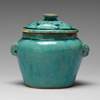 A turquoise glazed jar with cover, South China, presumably late Ming dynasty.