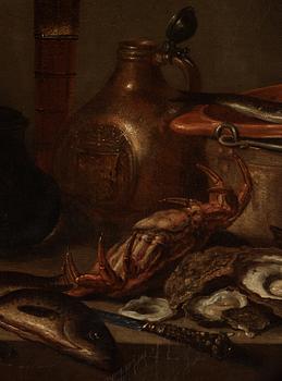 Pieter Claesz Circle of, Dutch school 17th/18th Century. Still life with fish, crab, oysters and jars.