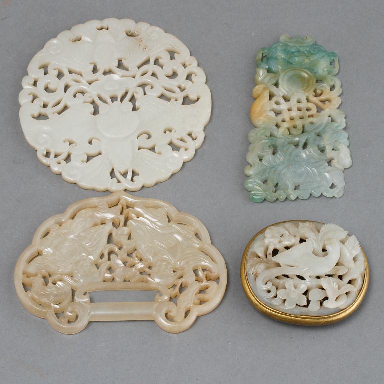 BUTTONS, 3 pieces, and BUCKLE, stone, East Asia, 20:th century.