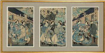 Träsnitt, triptyk, Japan, 1800-tal.