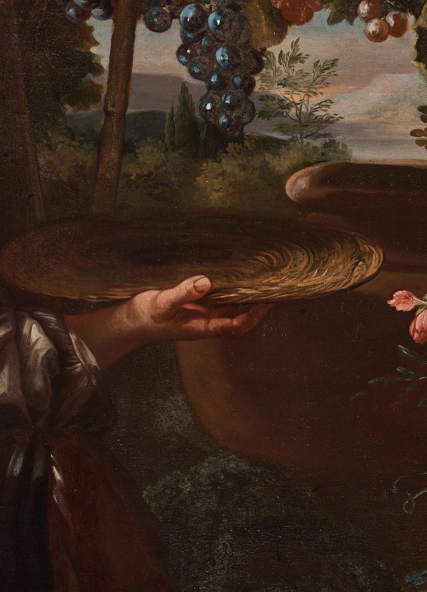 Franz Werner von Tamm & Carlo Maratti, attributed to, Still life with flowers, grapes, and a woman in a landscape.